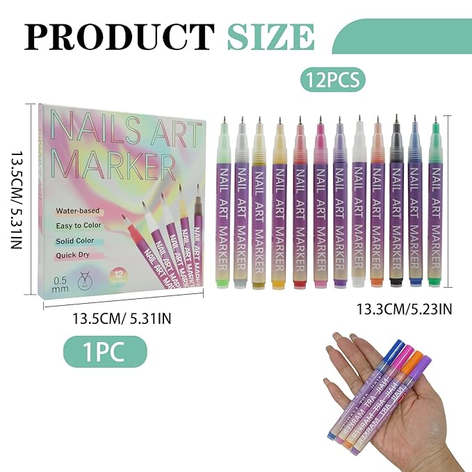 12 Colors Nail Art Pens Set with Fine 0.5mm Tips, Quick Dry Nail Polish Markers for DIY Home Salon Manicure, Professional Nail Art Tools Kit for Adult Beginners and Nail Technicians