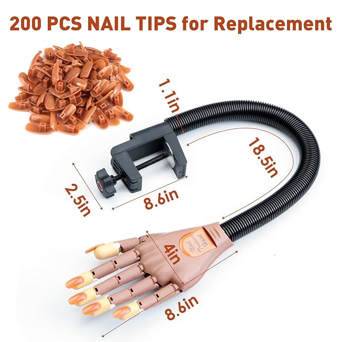 Acrylic Nails Practice Hand Kit, BORNBYME Nail Training Adjustable Finger Kits with 200 PCS Nail Tips, Nail File, Nail Brush and Nail Clipper