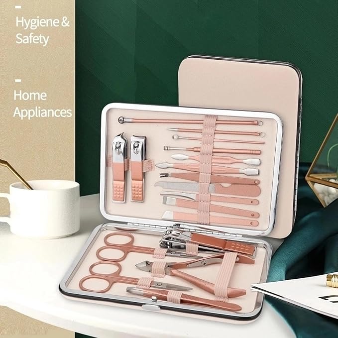 Manicure Set - Luxurious Leather Travel Case with Complete Stainless Steel Nail Clippers and Care Tools - Portable 18-Piece Nail Kit (Pink)