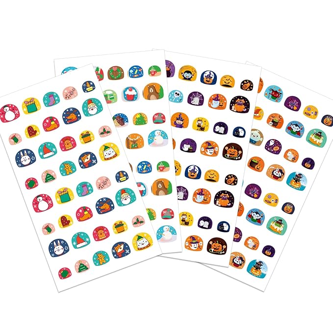 Nail Stickers for Kids - Halloween&Christmas Cute 3D Self-Adhesive Designs, DIY Nail Art Decals for Little Girls, Toddler (4 Sheets)