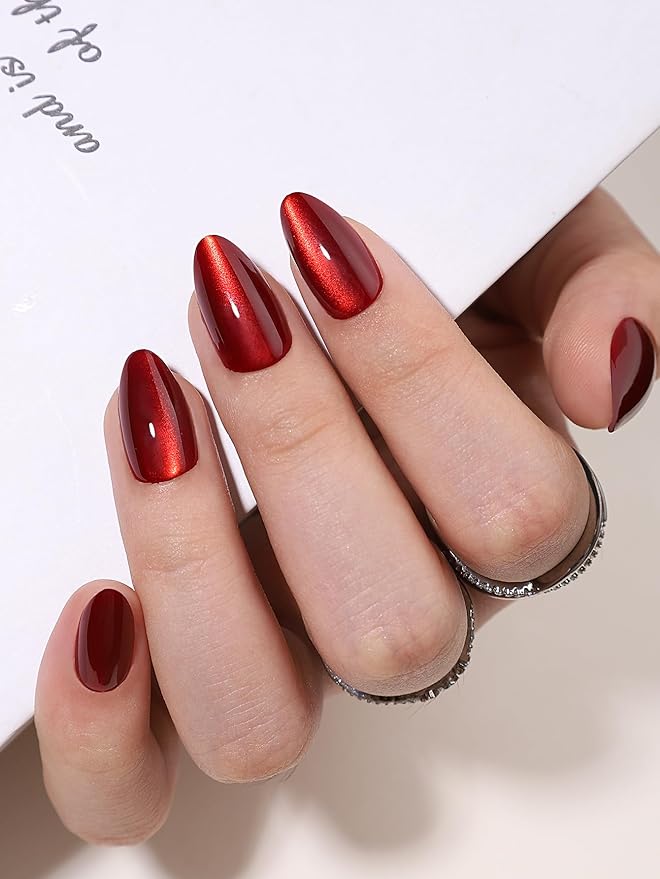 Press On Nails - Siren | Red Cat Eye, UV Finish Almond Nails, Salon Quality | 32 Nails, 16 Sizes Kit with Glue and Adhesive Tabs I Female Founded - Beauty, Self Care