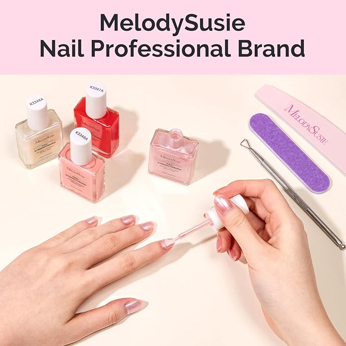 MelodySusie Nail Strengthener and Growth Treatment, 2-in-1 Ridge Filling Base Coat & Glossy Concealer Polish for Damaged Nail Repair and Healthy Shine,Gifts for Women 15ml 0.5 Fl Oz Sparkling Peach