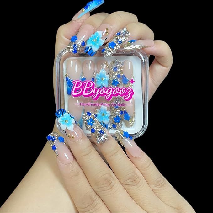 Handmade 3D Floral Press On Nails, Medium Long Square Shape, Blue Gradient with Rhinestones, Gold Beads, Reusable Acrylic False Nails (Blue enchantress, S)