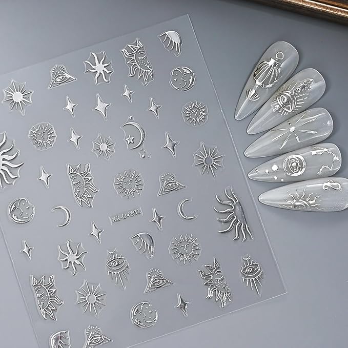 12 Sheets Silver Nail Art Stickers Star Nail Stickers Heart Nail Decals Self Adhesive Evil Eye Nail Art Supplies for Women Girls DIY Manicure Nail Art Decorations