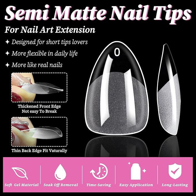 300pc Short Almond Gel Nail Tips Clear Fake Nail, Clear Press on Nails Short Almond Soft Gel Nail Tips XS Stiletto Acrylic Nails Full Cover False Nail Artificial Fingernail for Nail Extensions