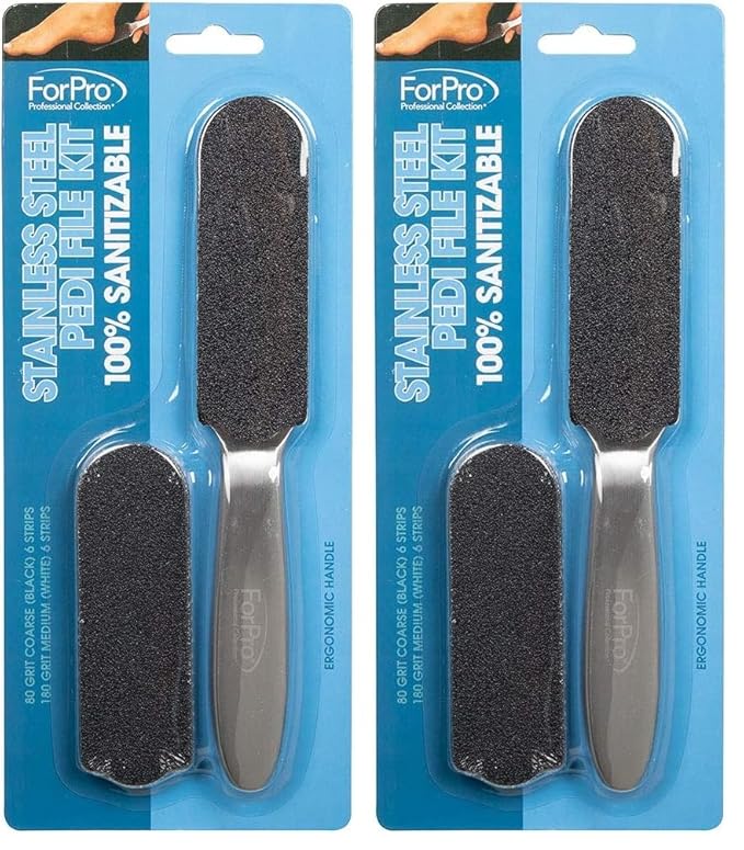 ForPro Stainless Steel Pedi File Kit - 100% Sanitizable Pedicure File for Heels and Feet - Includes Six Black 80 Grit and Six White 180 Grit Refill Strips- 8.5” L (Pack of 2)