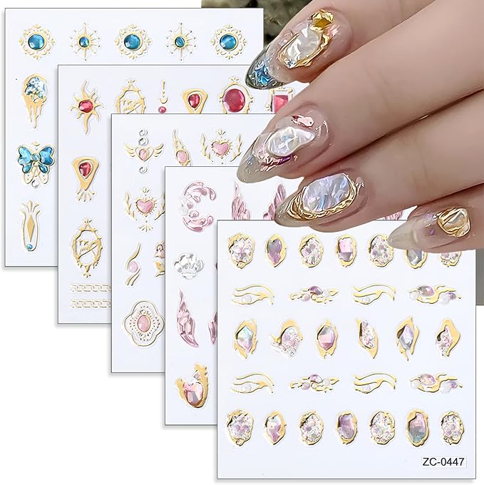NOODCO 5 Sheets 5D Bronzing Nail Art Stickers Decals, Fishtail Shell Embossed Self-Adhesive Sticker Gemstone Flower Heart Sun Butterfly Gold Metal Line Design Supplies for DIY Decoration Women