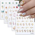 NOODCO 5 Sheets 5D Bronzing Nail Art Stickers Decals, Fishtail Shell Embossed Self-Adhesive Sticker Gemstone Flower Heart Sun Butterfly Gold Metal Line Design Supplies for DIY Decoration Women