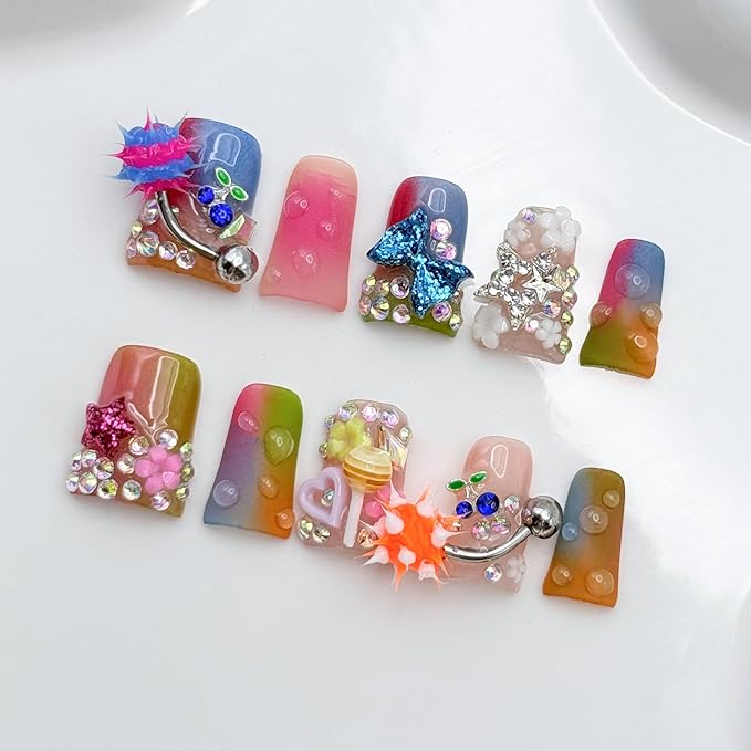 10 Pcs Handmade Duck Press on Nails with Glue,Colorful Fake Nails with 3D Diamond Pink Pentagram Blue Bow Tie Design Acrylic Press on Nail Reusable Thick Handmade False Nails for Women DIY (Size M)