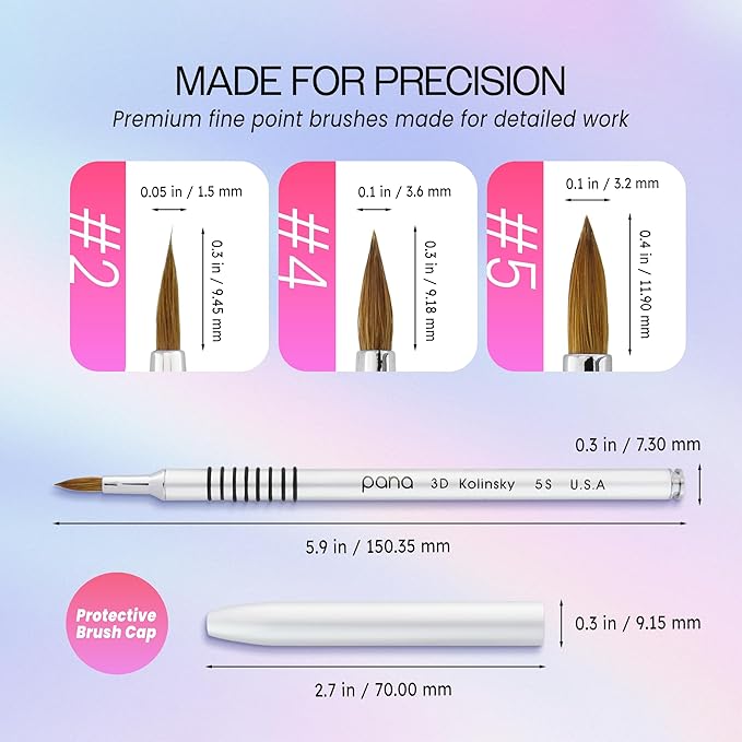 PANA 3D Kolinsky Nail Art Brush - Silver Non-Slip Handle, Size 5 - Acrylic Nail Art Sculpture Brush for Manicures Pedicure Salon Professional or Beginner