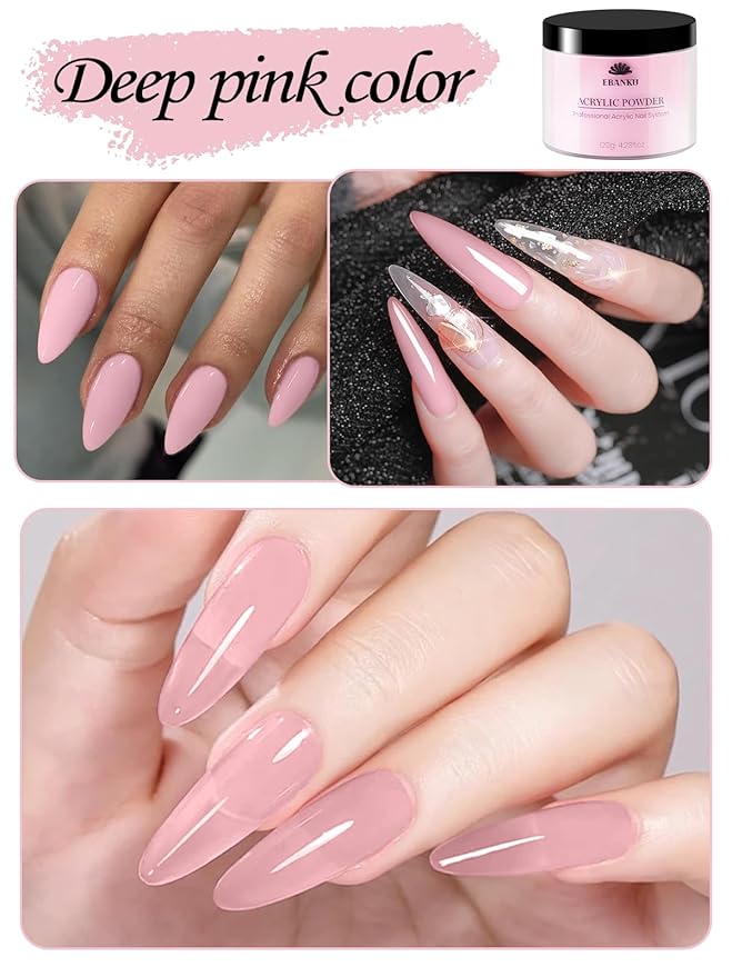Pink Acrylic Powder, EBANKU 120g/4.23oz Cover Pink Nail Acrylic Powder Large Capacity Professional Acrylic Nail Powder for Nail Extension, Nail Carving, Long-Lasting, No Nail Lamp Needed