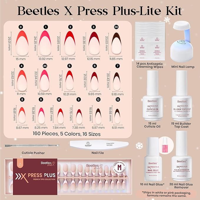 Beetles X Press Plus Gel Nails Kit - Fierce French | 5 Colors Valentines Press On Nails Medium Almond | 160Pcs 16 Sizes All-in-One Kit With Nail Glue,Remover,Builder Top Coat,Nail Lamp Gift