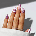 30pcs Shining Purple Short Almond Press On Nails with Candy, Bows, and Hats for Themed Costumes, Reusable Nail Kit with Nail Adhesive Tabs Mini Nail File, 15 Sizes (Purple)