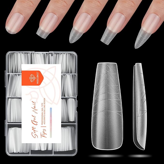 modelones Long Coffin Guiding Line Nail Tips, Soft Gel Tips Fake Nails False Acrylic Extensions Seamless Accurate Positioning Scale Line, Full Matte Professional Nail Salon 216PCS 12Sizes