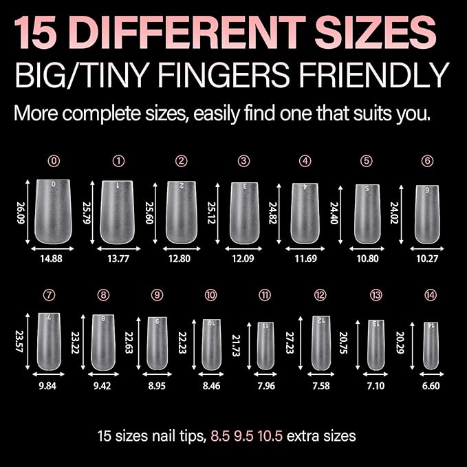 AILLSA Medium Square Nail Tips 450PCS Full Cover Nail Tips Matte Acrylic Upgraded No Need Files Press on Fake Nails Tips for Extension Home DIY Nail Salon 15 Sizes