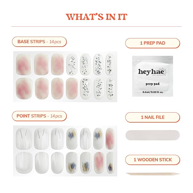 Heyhae Semi Cured Gel Nail Strips | No LED Lamp Needed | Glam, Pink, Spring | Easy Apply & Remove, Salon Quality | Includes 28 Strips, 1 Prep Pads, Nail File & Wooden Stick - Hey, The Night is Young