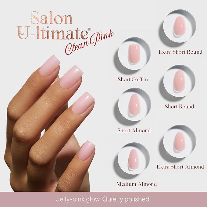 Press On Nails - Salon U-ltimate™ | Clean Pink, Short Coffin Nails, Reusable | 16 sizes - 32 Nails Kit with Glue and Sticky Tabs