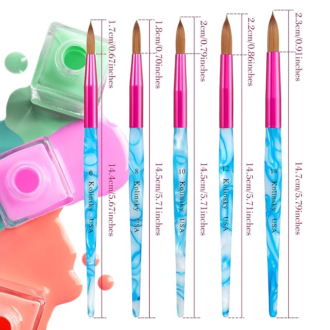 5 Pieces Kolinsky Nail Brush Set - Acrylic Application Brushes With Crimped Shaped Handle for Nail Art Manicure - Sizes 6, 8, 10, 12, 14 (Pink, Blue and White)