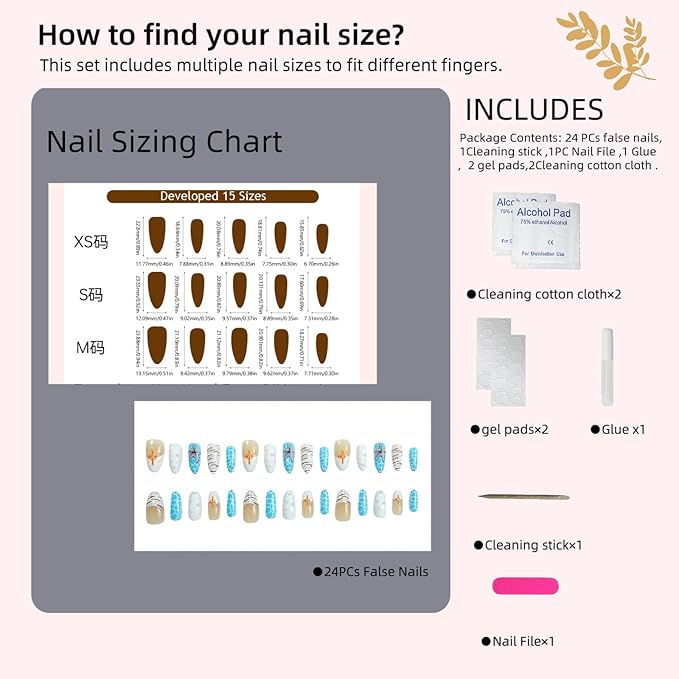 30Pcs 3D Beach Press On Nails - Starfish Shell Design, Long Almond Fake Nails for Summer Vacation