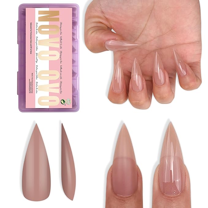 NOVO OVO Sharp Stiletto Nail Tips Press on Medium Long Pure Color Brown Pink, Pointed Soft Gel Fake Acrylic Extension, Full Cover False Nails for Salon DIY x 16 Sizes 224 pcs