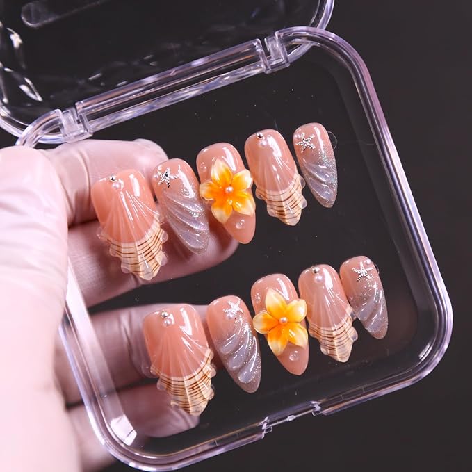Women Press On Nails - Medium Length Almond False Nails 10Pcs Luxury Handmade 3D Painting Art ABS Acrylic Artificial Fingernails (Size S)