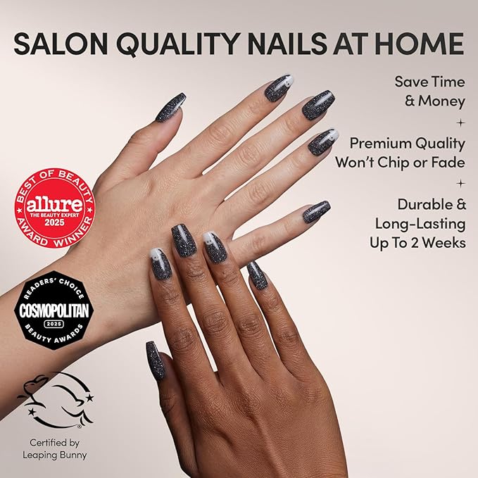Glamnetic Press On Nails - Phantom Glow | Opaque Black Glitter & Glow-in-the-Dark Ghost Medium Coffin Fake Halloween Nails, Salon Quality | 15 Sizes - 30 Nail Kit