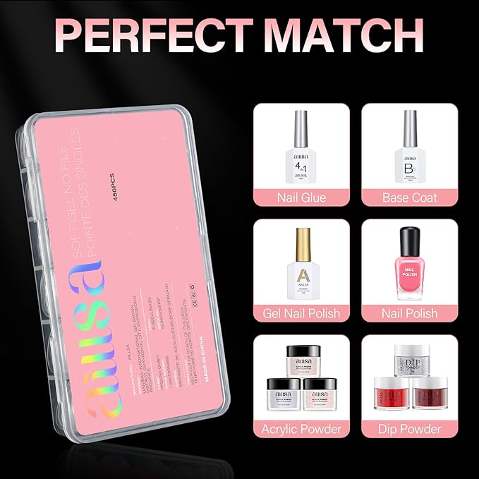 AILLSA Short Coffin Nail Tips 450PCS Full cover Double-sided Matte Gel Nail Tips Adhesion Pre-Shaped Press on Nails Tips for Home DIY Nail Arts Salon 15 Sizes