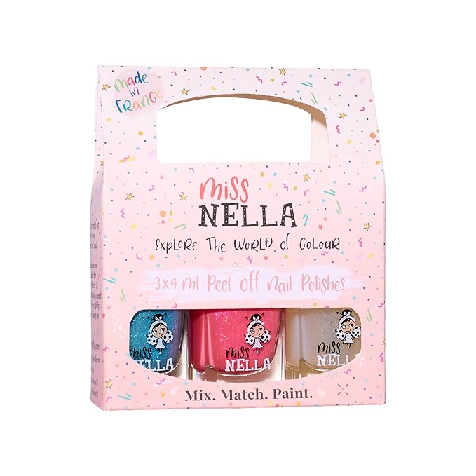 MISS NELLA PARTY COLLECTION 3-3 peel off, odour free, water base glitter nail polishes Pack- Blue The Candles (blue), Confetti Clouds (clear) & Marshmallow Overloud (coral)