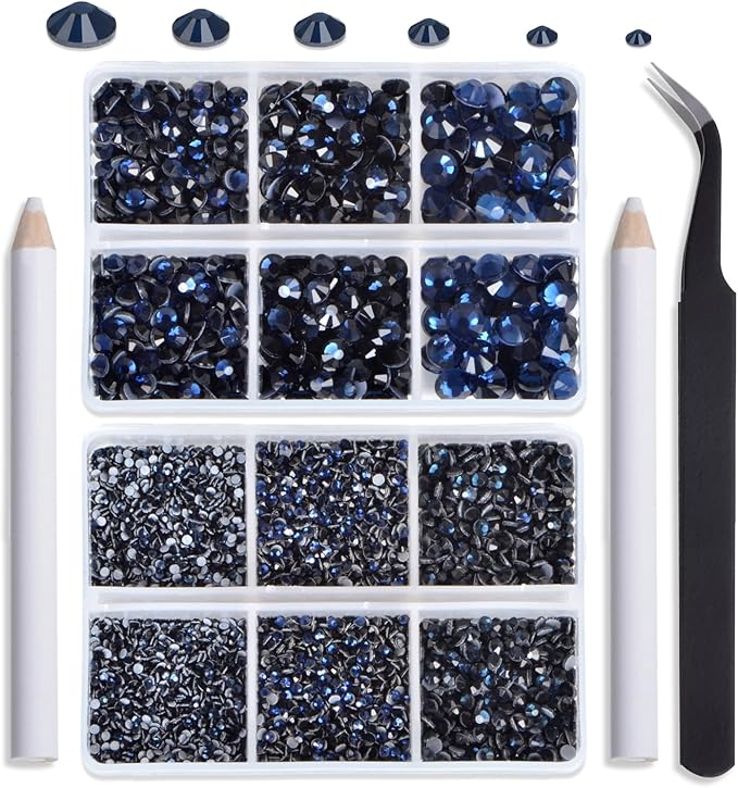 NCB Hotfix Iron on 8000pcs Crystal Rhinestones Round Gem for Crafts Decoration DIY Jewelry Making with a Tweezers and 2 Picking pens (Montana, 6Sizes SS4-SS30)