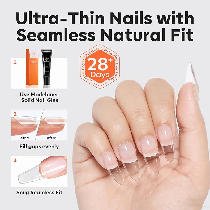 modelones Pro Luxe Instant Nail Apex Tips 15 Sizes, Medium Almond Extension Gel Tips Pre-building & Pre-etched Thicker Strength Acrylic Fake Nails Full Cover 240 Pcs