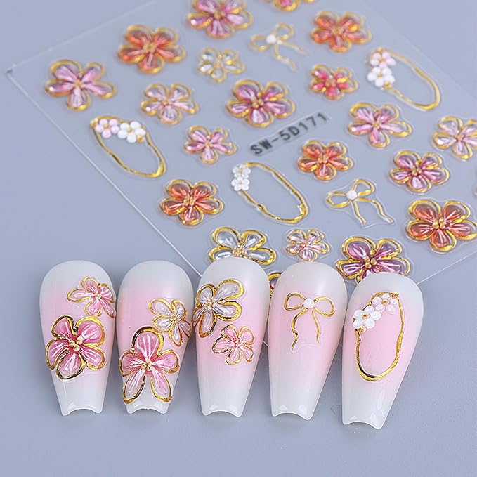 Flower Nail Stickers Decals 5D Embossed Flower Nail Decals Pink Five-Petaled Gold Floral Circle Spring Summer Nail Art Design Bow Tie Flowers Nail Adhesive Decals for DIY Nail Art Decorations 2Pcs