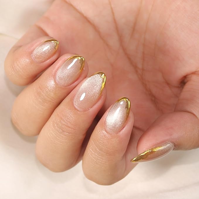 Press On Nails Short Almond Iridescent Nude-Cat Eye with Gold Glitter French Tip | Reusable Soft Gel Nails in 12 Sizes 24 Nail Kit with Glue | Designed in L.A, Handmade in Vietnam | Golden Eye