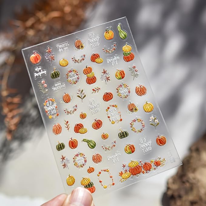 Pumpkin Nail Stickers Fall 3D Self-Adhesive Garland Nail Art Stickers Flower Nail Decals 5D Embossed Green Pumpkin Nails Designs Thanksgiving Nail Sticker for Women Girls Manicure 1 Sheet