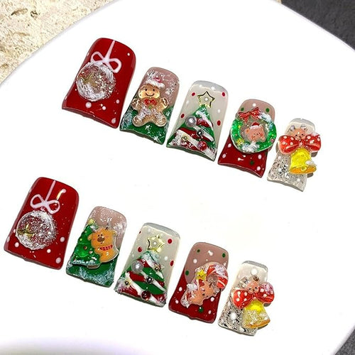 10 Pcs Christmas Press on Nails Luxury Medium Duck Handmade Nails Press Ons Full Cover Glossy Red False Nails Reusable Acrylic Cute Xmas Tree Reindeer Designs Stick on Nail for Women（S）