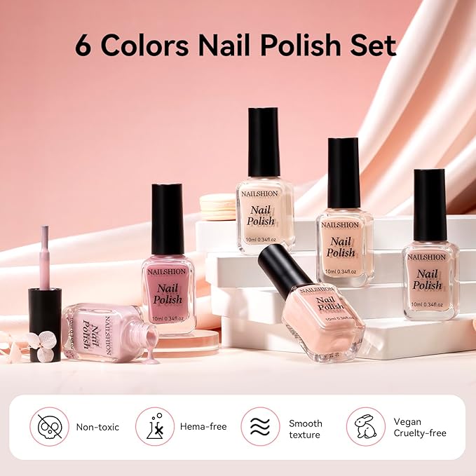 Nude Nail Polish Kit - 6 Colors Beige Nude Pink Neutral Rose Light Beige Quick Air Dry Nail Polish Non Gel, Salon-Quality, Vegan Cruelty-free Neutral Skin Tones Nail Art DIY Gift for Women