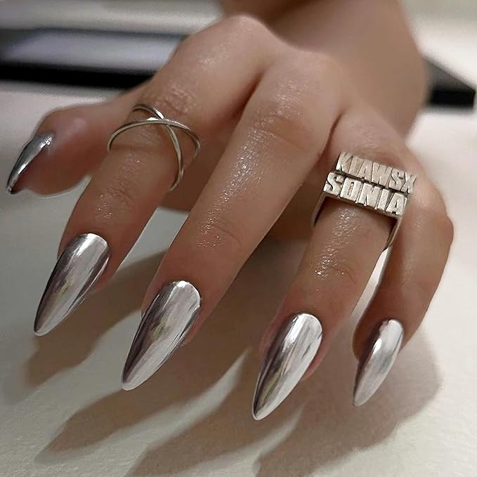 Chrome Press On Nails Almond, Metallic Sliver Mirrored Glue on Nails Medium Press Ons, Acrylic Natural Fit Stick on Nails in 12 Sizes - 24Pcs Fake Nail Kit for Women Daily & Party Wear