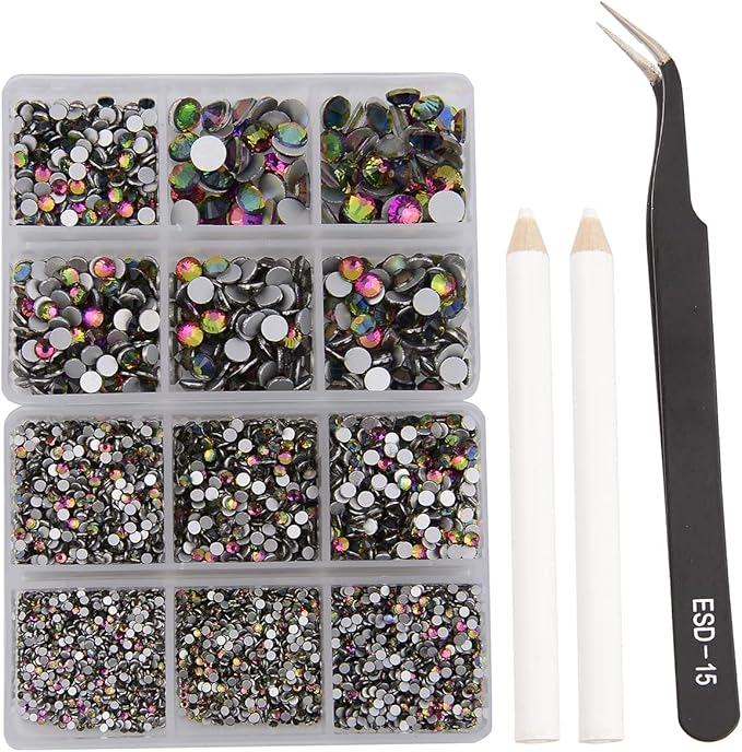 NCB 8000pcs Non Hotfix Rhinestones 10 Sizes Flatback Crystal Glass Rhinestones with Tweezers and Picking Pen for Nail Art Clothes Bags Phone Decorations Crafts DIY (099 Vitrail Medium Mix SS3-SS30)