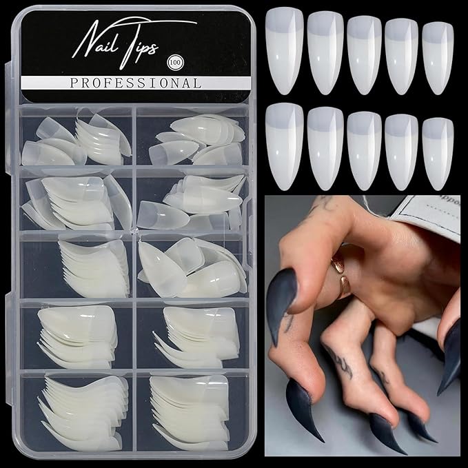 100PCS Medium Stiletto Nail Tips,10 Sizes Artificial Press on Nail Tips Halloween Style Natural Stiletto False Eagle Claw Art for Nail Salons (Natural)