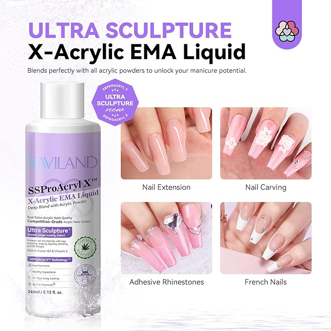 SAVILAND EMA Monomer Acrylic Nail Liquid: 8 oz Liquid Monomer for Acrylic Powder Nail Extension with 3pcs Acrylic Nail Brush Dappen Dish for Professional Nail Carving Studio Beginners DIY at Home