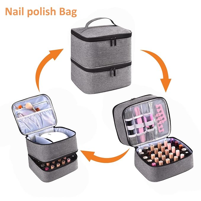 Nail Polish Organizer - Holds 30 Bottles & Nail Lamp, Double-Layer Nail Organizers and Storage, Nail Polish Bag with Handle Nail Travel Case for Nail Tech (Grey)