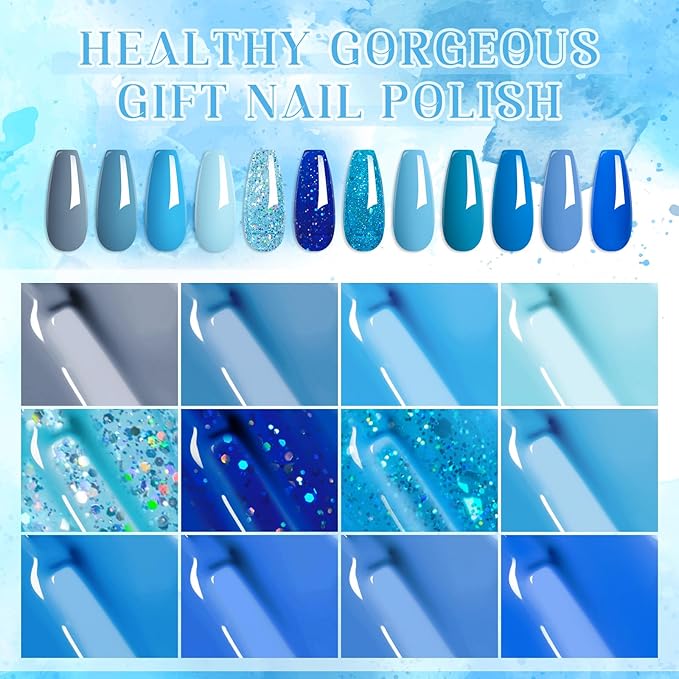 MTSSII Blue Gel Nail Polish Set 12 Colors, Royal Blue Sky Blue Glitter Navy Blue Nail Gel Polish Kit Light to Dark Shades Soak Off Nail Art Salon Design Home Manicure Holiday Gift for Women Girl