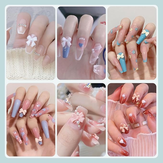 600 Pcs 3D Nail Charms and Flatback Pearls #9, 3 Colors Bow + Pink&White Star Heart Cute Charms + 2-6mm White Pearls for Nail Art Design with Nail Charm Glue(UV Needed) and Pickup Tools