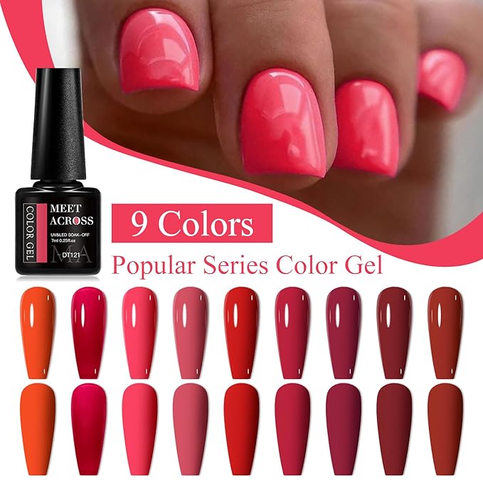 MEET ACROSS 12pcs Gel Nail Polish Set,Soak Off UV LED Lamp Gel Nail Polish Kit,Fashion Shimmer Nail Art Design Gifts for Women Manicure Salon (Red)