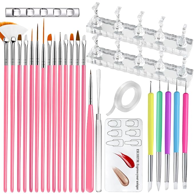 Nail Stand For Press On With Nail Art Brushes Nail Holder For Painting Practice Display Presson Nails Nail Art tools Set with Nail Dotting 3D Sculpting tools, Practice Kit Tech (Clear, Large)