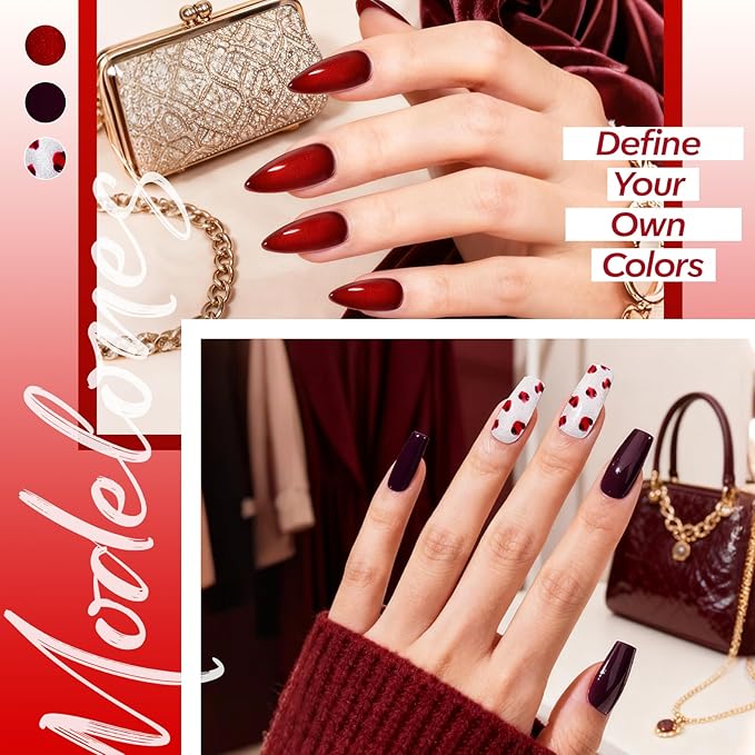 modelones Red Gel Nail Polish Set, 6 Colors 2026 Burgundy Bloody Wine Dark Red Jelly Pearl Glitter Gel Polish Silver Cat Eye Nail Polish with Liner Pen& Magnet& Wooden Stick LED Gift