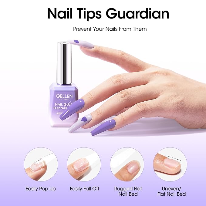 Gellen 4 in 1 Nail Glue Gel and No Wipe Gel Top Coat for False Nail Tips & Acrylic Nails & Clear Press on Nails, 18ML Long Lasting Nail Gel Kit, Home Salon Manicure Set