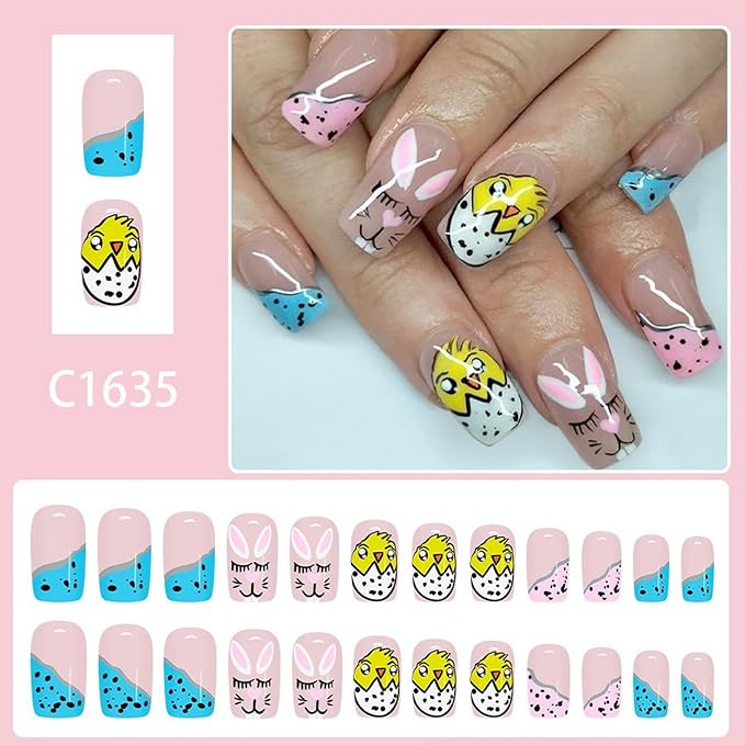 24 Pcs Easter Day Press on Nails Medium Square Fake Nails with Bunny Flower Design Pink French Tip False Nail Full Cover Easter Acrylic Nail Stick on Nails for Women DIY Manicure Decoration