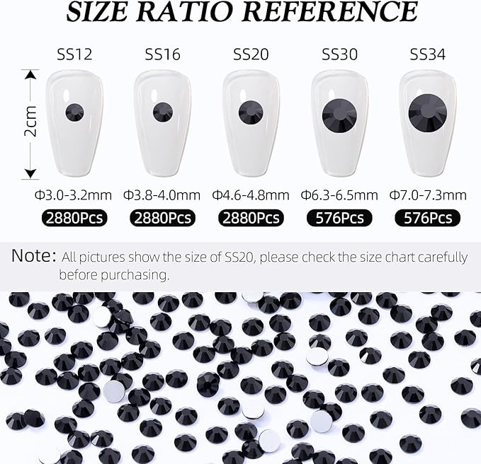 Black Flatback Rhinestones, Glass Rhinestones for Nail Art and Craft, Glue Fix, Loose Crystal Gemstones(Black, SS30, 576pcs, 6.4-6.6mm)