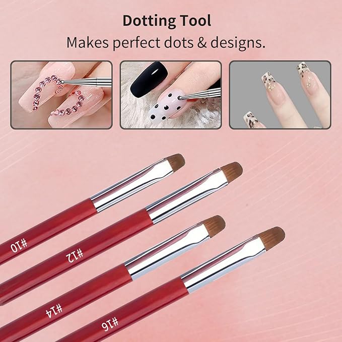 4Pcs French Tip Brush, Double-Ended French Brushes for Nails with Dotting Tool, Clean Up Brush for Gel Nail Polish, Size 10/12/14/16, Acrylic Nail Art Brushes, Manicure Tools for Nail Design-Red