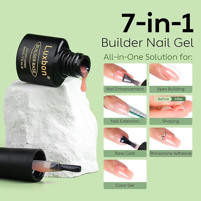 Luxbon 7 IN 1 Builder Base Color Gel Nail Polish Set, 6 Colors Nail Extension Enhancement Nude Gel Polish Pink Peach Nail Polish for Nails UV LED Soak Off Nail Art Design Gifts for Women Kit 002